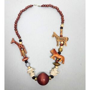 Vintage Boho Hand Carved Animals Necklace 30 in. Barrel Clasp Retro Wood Shell